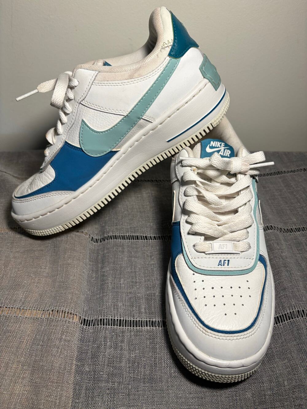 Nike Air 1 White, teal, and blue sneaker women 7.5